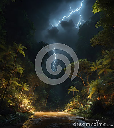 Blue Lightening above the forest Stock Photo