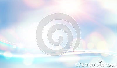 Blue lights backdrop. Bokeh and lens flare on light blue sky background. Vector Illustration