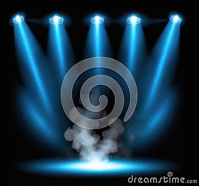 blue lights hanging overhead on an empty scene, magic smoke or fog in the middle of the scene Stock Photo