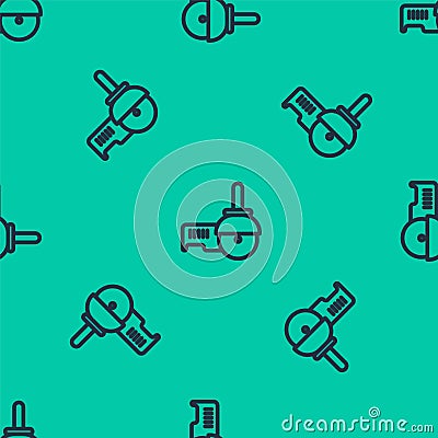Blue line Angle grinder icon isolated seamless pattern on green background. Vector Illustration Vector Illustration