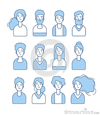 Blue line avatars. Various male and female characters anonymous funny faces for internet profile vector collection Vector Illustration