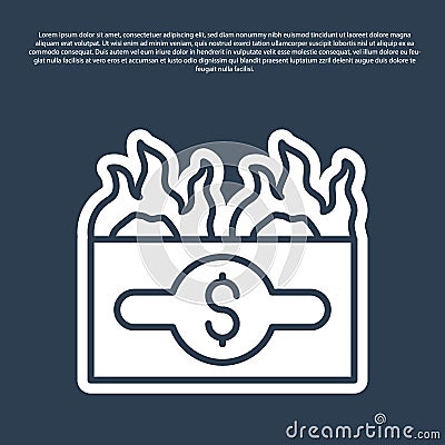 Blue line Burning dollar bill icon isolated on blue background. Dollar bill on fire. Burning of savings. Vector Vector Illustration