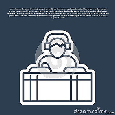 Blue line DJ wearing headphones in front of record decks icon isolated on blue background. DJ playing music. Vector Stock Photo