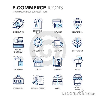 Blue Line E-Commerce Icons Vector Illustration