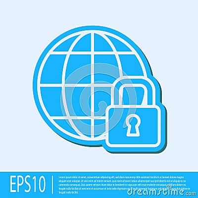 Blue line Global lockdown - locked globe icon isolated on grey background. Vector Vector Illustration