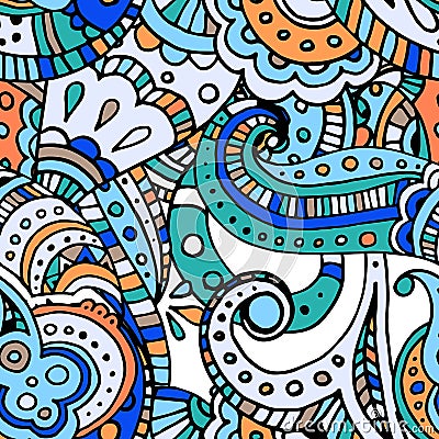 Blue line indian paisley doodle hand drawn seamless pattern Vector Illustration