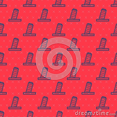 Blue line Leaning Tower in Pisa icon isolated seamless pattern on red background. Italy symbol. Vector Vector Illustration