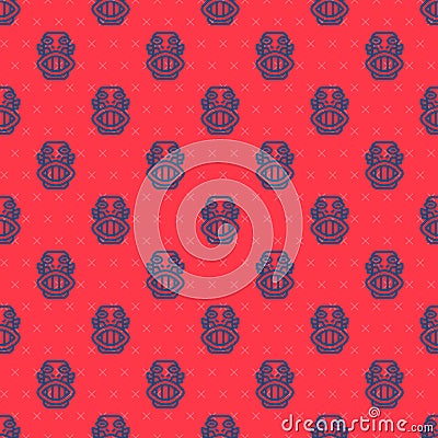 Blue line Mexican mayan or aztec mask icon isolated seamless pattern on red background. Vector Vector Illustration