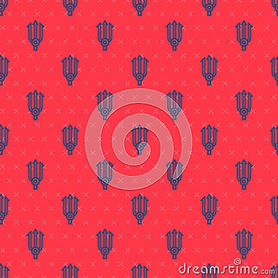 Blue line Neptune Trident icon isolated seamless pattern on red background. Vector Vector Illustration