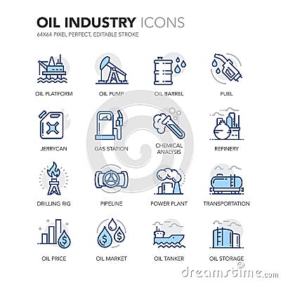 Blue Line Oil Industry Icons Vector Illustration