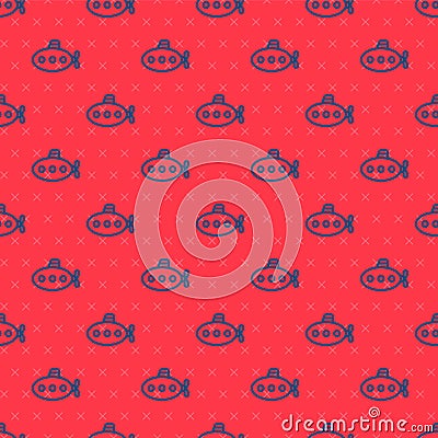 Blue line Submarine toy icon isolated seamless pattern on red background. Vector Vector Illustration