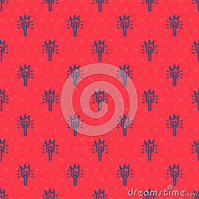 Blue line Torch flame icon isolated seamless pattern on red background. Symbol fire hot, flame power, flaming and heat Vector Illustration