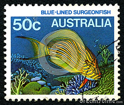 Blue Lined Surgeonfish Australia Postage Stamp Editorial Stock Photo