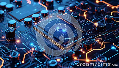 The blue link circuit board has hexagons that create a 3D effect around the AI microchip Stock Photo
