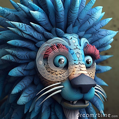 3d Lion Figurine With Blue Feathers And Spiky Hair Cartoon Illustration