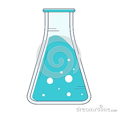 Blue liquid in clear Erlenmeyer flask with bubbles. Laboratory glassware with chemical solution, simple flat design Cartoon Illustration