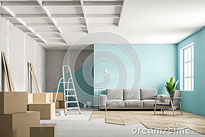 Blue living room interior during renovation Stock Photo