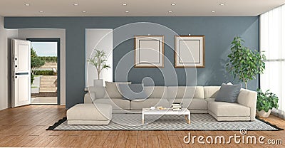 Blue living room with open entrance door Stock Photo