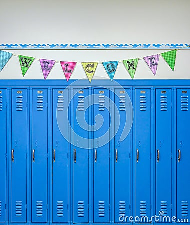 Blue lockers and colorful banner with the word welcome Stock Photo