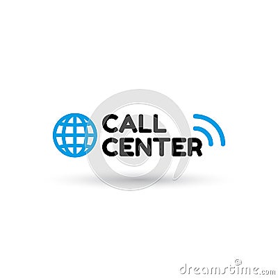 Blue logo Call Center. Globe, inscription, sound waves. Support icon Vector Illustration