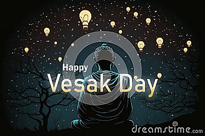 Blue Lord Buddha Vesak greetings background or Blue celebration Vesak day with Buddha and lotus. AI Generation Stock Photo