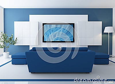 Blue lounge with lcd tv Stock Photo