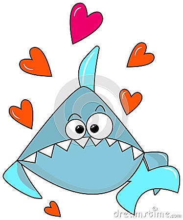 Light Blue lovely shark on a white background with orange hearts. Congratulations on Valentines Day. Cute cartoon Vector Illustration