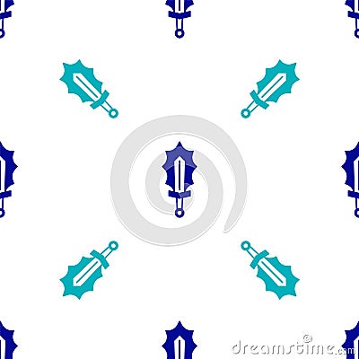 Blue Magic sword in fire icon isolated seamless pattern on white background. Fiery sword. Magic weapon of knight Vector Illustration
