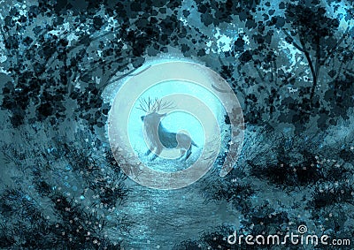 Blue magical deer digital painting Stock Photo