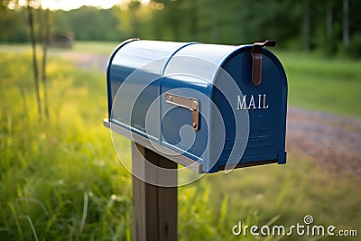 Blue mailbox by the road with a blurred background. Generated by artificial intelligence Stock Photo