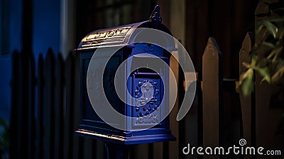 Blue mailbox on the street in the night. Selective focus. Stock Photo