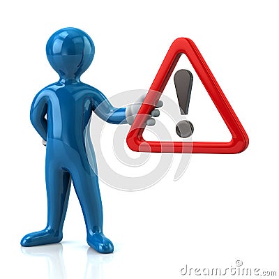 Blue man hholding warning attention sign with exclamation mark Stock Photo