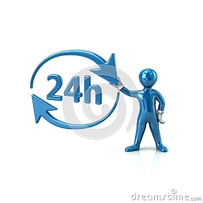 Blue man holding 24 hours icon Cartoon Illustration