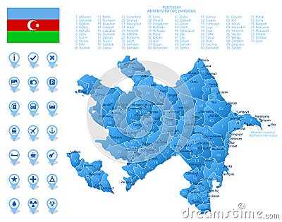 Blue map of Azerbaijan administrative divisions with travel infographic icons. Vector Illustration