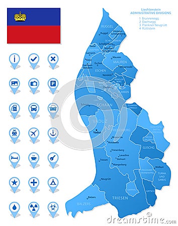 Blue map of Liechtenstein administrative divisions with travel infographic icons. Vector Illustration