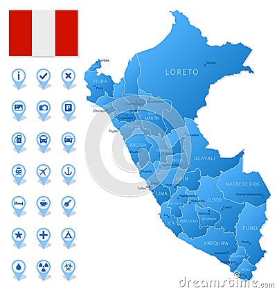 Blue map of Peru administrative divisions with travel infographic icons. Vector Illustration