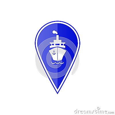 Blue map pointer with ship boat . Vector illustration Vector Illustration