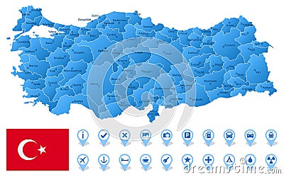 Blue map of Turkey administrative divisions with travel infographic icons. Vector Illustration
