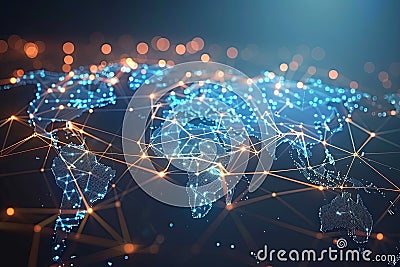 A blue map of the world displaying a global network connection in the form of pinpoint locations and lines. Generative AI Stock Photo