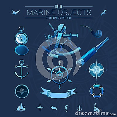 Blue marine objects Vector Illustration