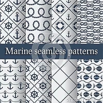 Blue marine seamless patterns set Vector Illustration