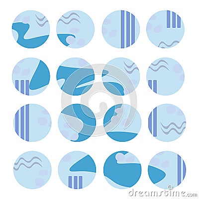 Blue maritime style social media story highlight covers, Abstract spots and stripes on a light blue background Vector Illustration