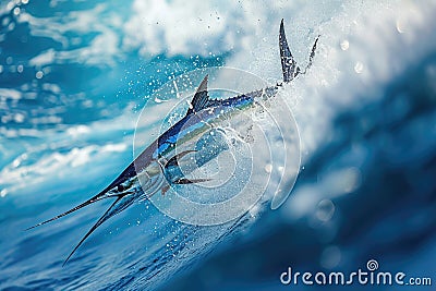 Blue Marlin Fish Leaping Out of Water, Captivating Ocean Moment in a Stunning Display of Agility and Power, A blue marlin speeding Stock Photo