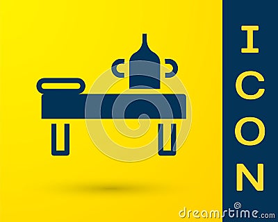 Blue Massage table with oil icon isolated on yellow background. Vector Vector Illustration