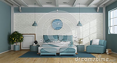 Blue master bedroom in a loft Stock Photo