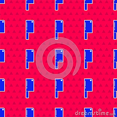 Blue Meat chopper icon isolated seamless pattern on red background. Kitchen knife for meat. Butcher knife. Happy Vector Illustration