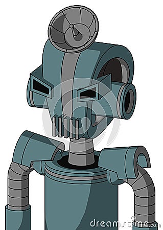 Blue Mech With Droid Head And Vent Mouth And Angry Eyes And Radar Dish Hat Stock Photo