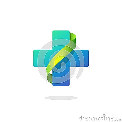 Blue medical cross vector logo, pharmacy symbol with green ribbon Vector Illustration