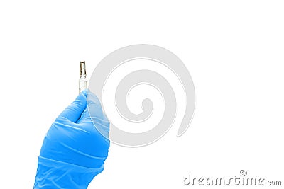 Blue medical doctor glove hold ampule of drug isolated on white with copy space Stock Photo