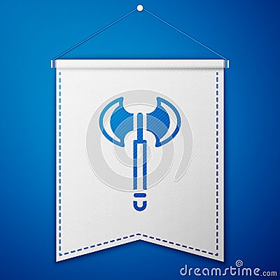 Blue Medieval axe icon isolated on blue background. Battle axe, executioner axe. Medieval weapon. White pennant template Vector Illustration